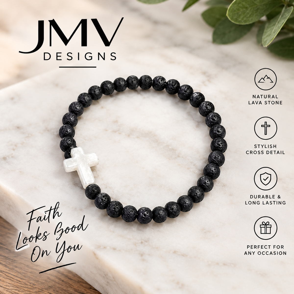 Black Bead Cross Bracelet